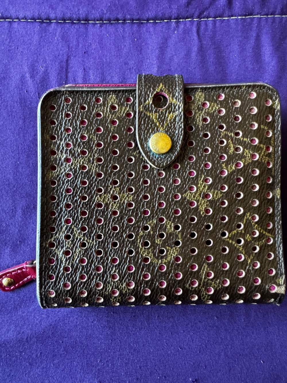 Louis Vuitton Brown Monogram Perforated Zipper Wallet with Fuchsia EUC